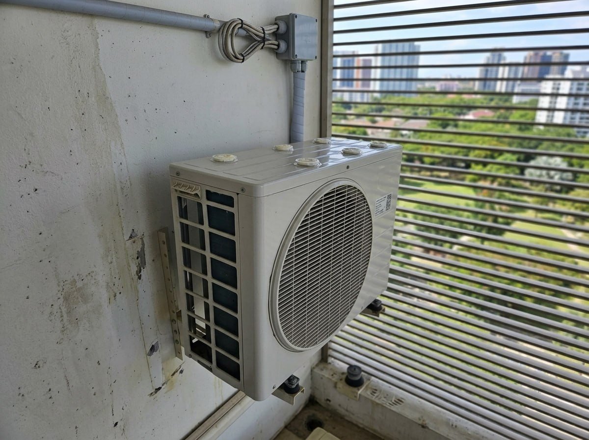 Aircond compressor on a high-rise balcony — exactly the kind of ledge birds pick